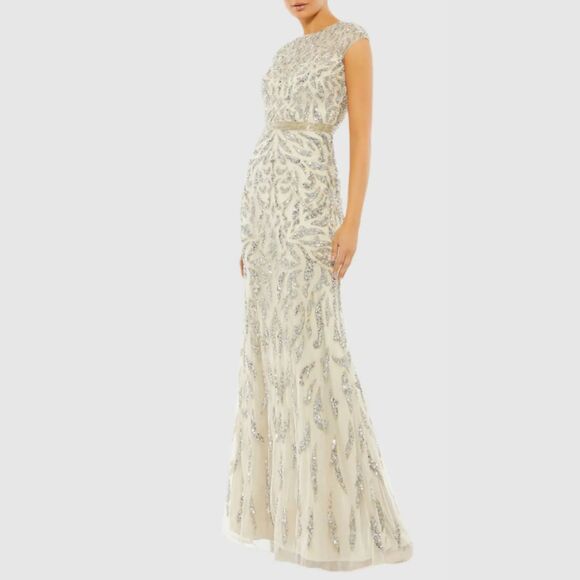 Mac Duggal 5532 Size 10 Nude Silver Beaded Sequined Column Gown Long Maxi Dress - Picture 3 of 6